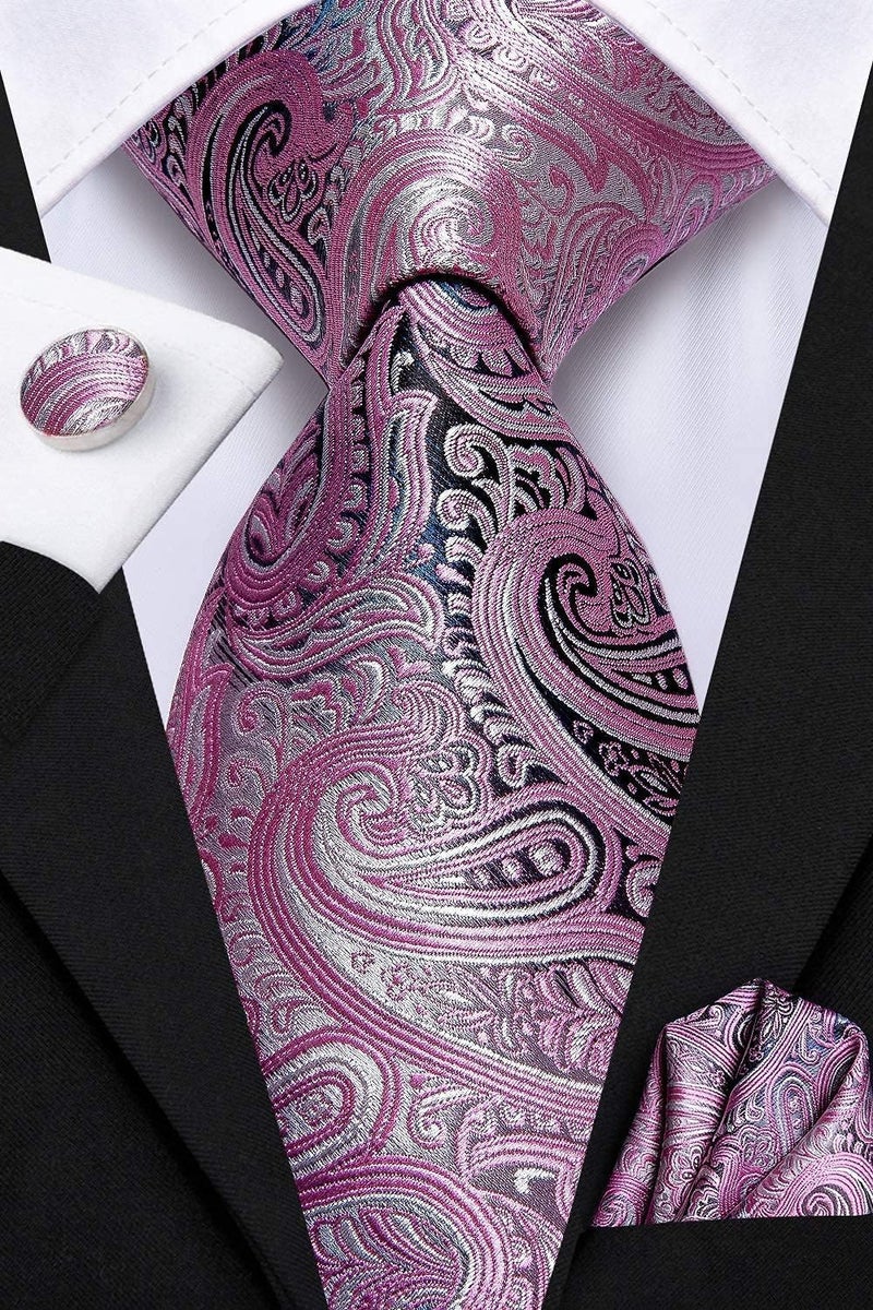 Dubulle Mens Tie and Lapel Pin Pink Grey Paisley Striped Floral Necktie for Men Pocket Square Cufflinks Wedding Party - Image 3